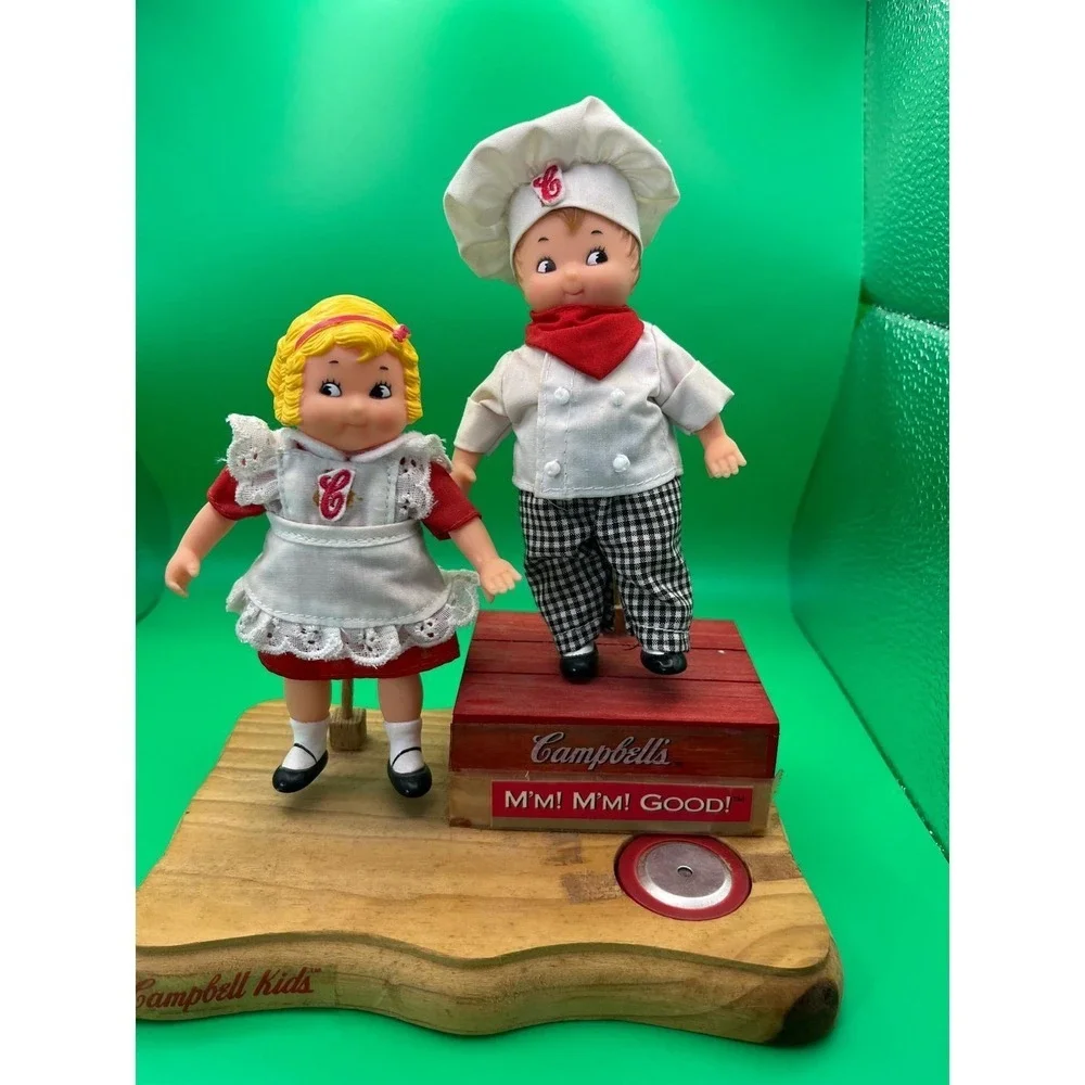 Vintage Campbell Kids Musical Moving Figurine Wood Base Chef & Girl Collectible